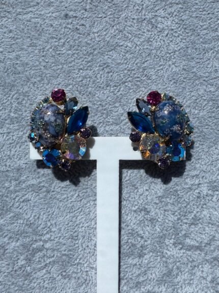 Vintage Blue Art Glass & Aurora Borealis Rhinestone Clip-On Earrings