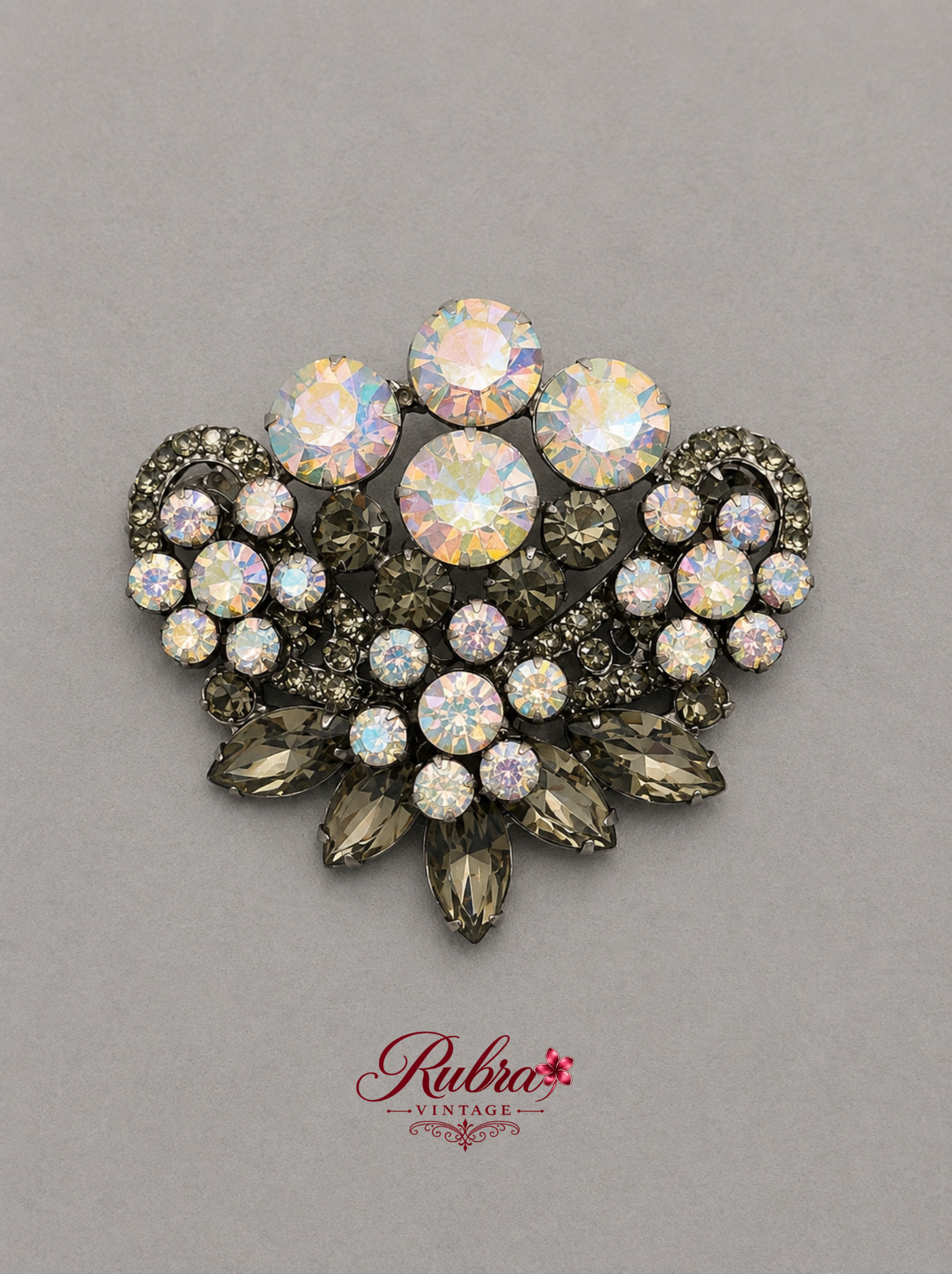 1 Vintage Aurora Borealis & Smoky Rhinestone Fan Brooch - Image 1