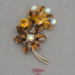 Vintage Amber & Topaz Rhinestone Floral Spray Brooch