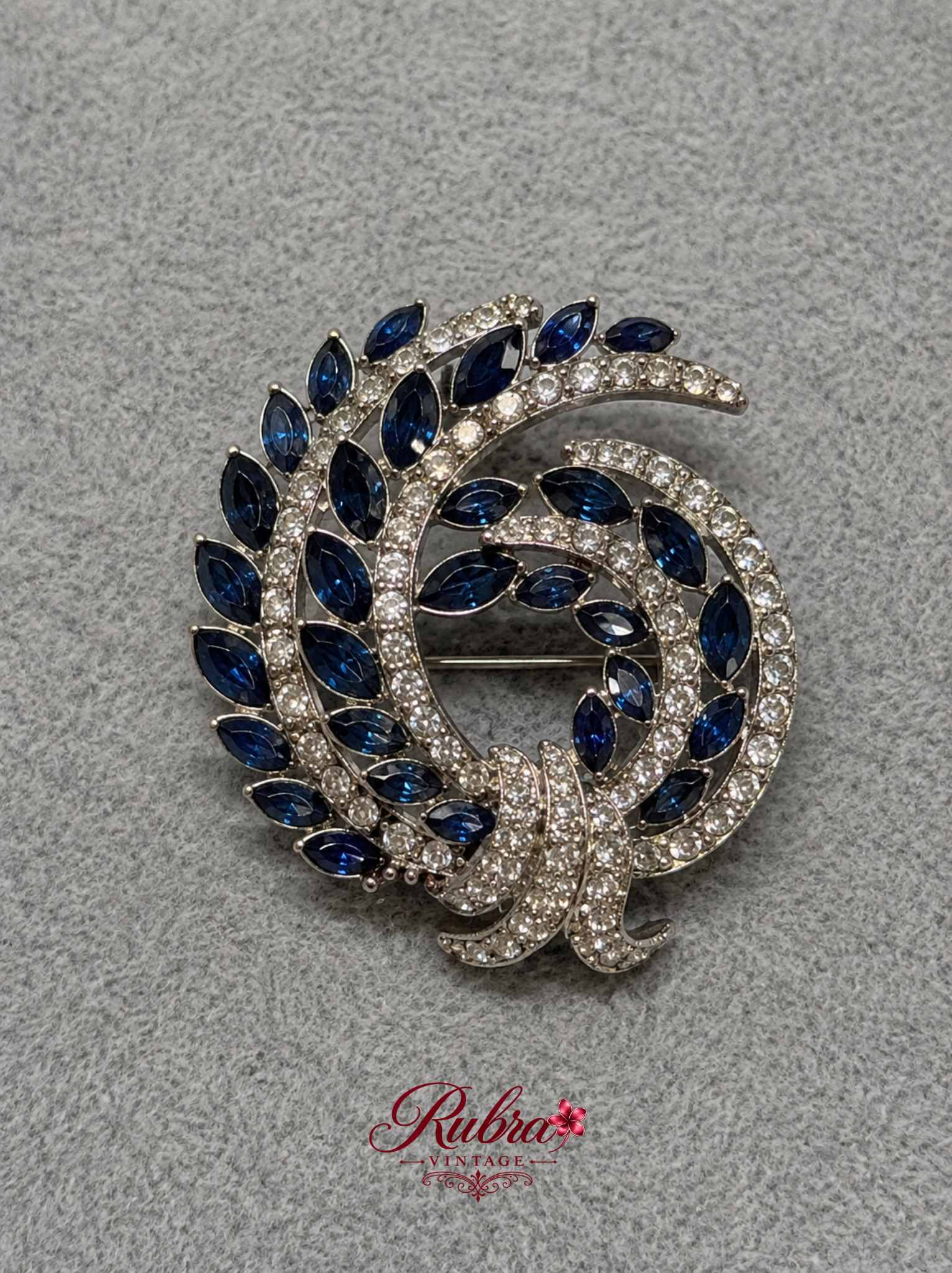 A09 Vintage Silver-Tone Sapphire Blue Crystal Floral Wreath Brooch - Image 1