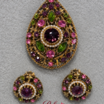 Vintage Amethyst & Emerald Floral Brooch and Earrings Set