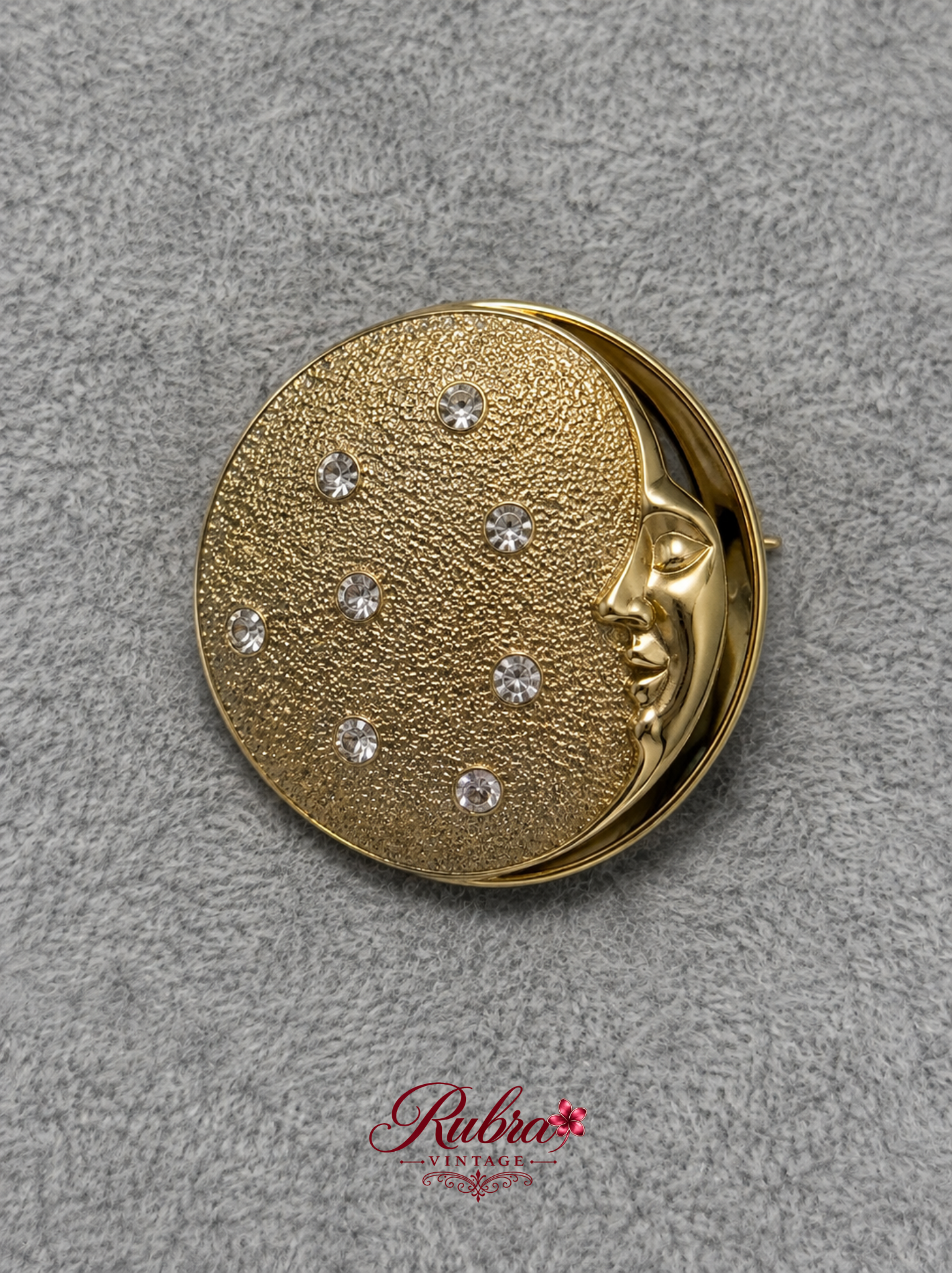 N026 Vintage Gold-Tone Celestial Face Brooch with Crystal Accents - Image 1