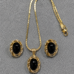 Vintage Black Cabochon Gold-Tone Necklace & Earrings Jewelry Set