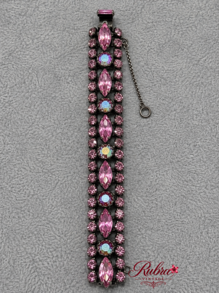 Vintage Pink Rhinestone Bracelet with Iridescent Floral Accents
