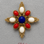 Vintage Red, White & Blue Cabochon Floral Cross Brooch