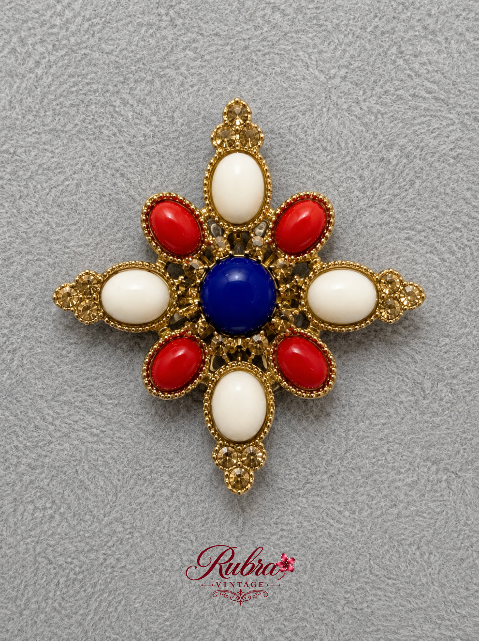 S08 Vintage Red, White & Blue Cabochon Floral Cross Brooch - Image 1