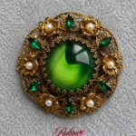 Vintage Green Cabochon Floral Filigree Brooch